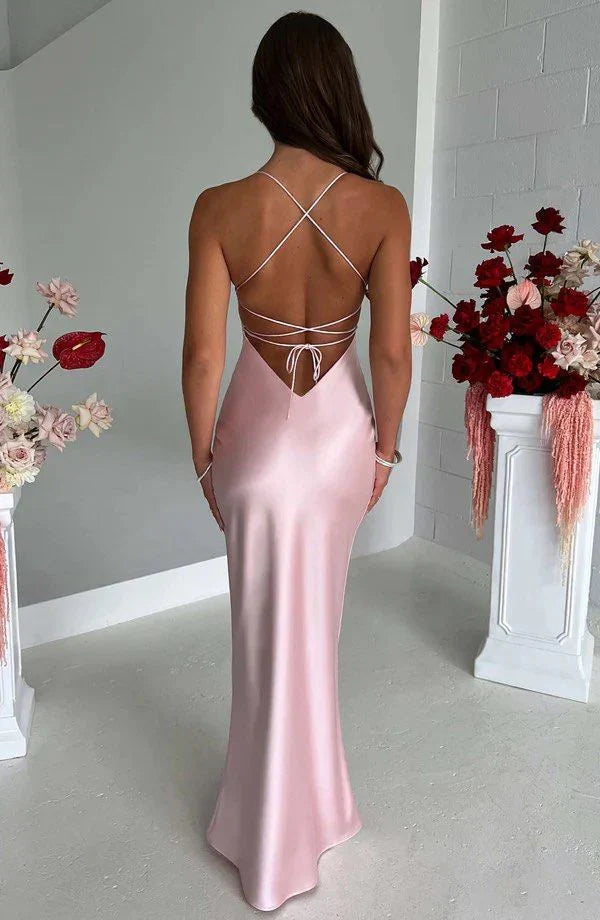 Halter Neck Pink Prom Dresses Sheath Backless Satin Party Gown Evening Dress HZ1023