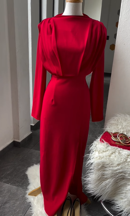 Long Evening Dresses Long Sleeves Red Prom Dress HZ1023