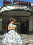 Vintage A Line Round Neck Blue Print Floral Satin Prom Dress Evening Dress HZ1023