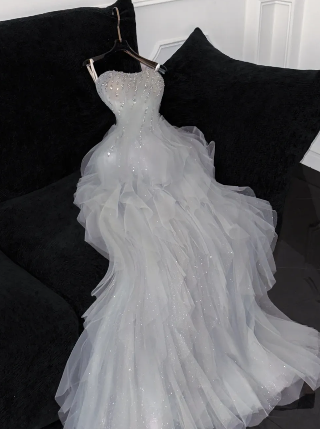 Romantic A Line Strapless Beaded Ruffle Grey Tulle Party Dress Evening Dress HZ1023
