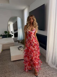 Spaghetti Straps Chiffon Ruffles Print Floral A-Line Long Party Dress Prom Dress HZ1023