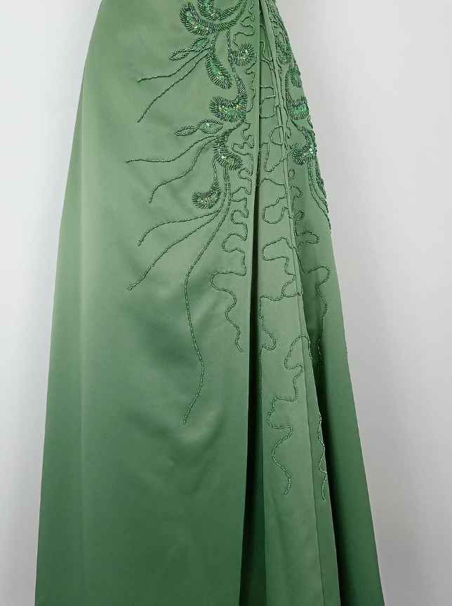 Retro A Line Spaghetti Strap Green Beaded Satin Long Evening Dress Party Dress HZ1023