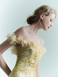 Yellow A Line Off the Shoulder Floral Sequin Tulle Prom Dress Evening Dress HZ1023