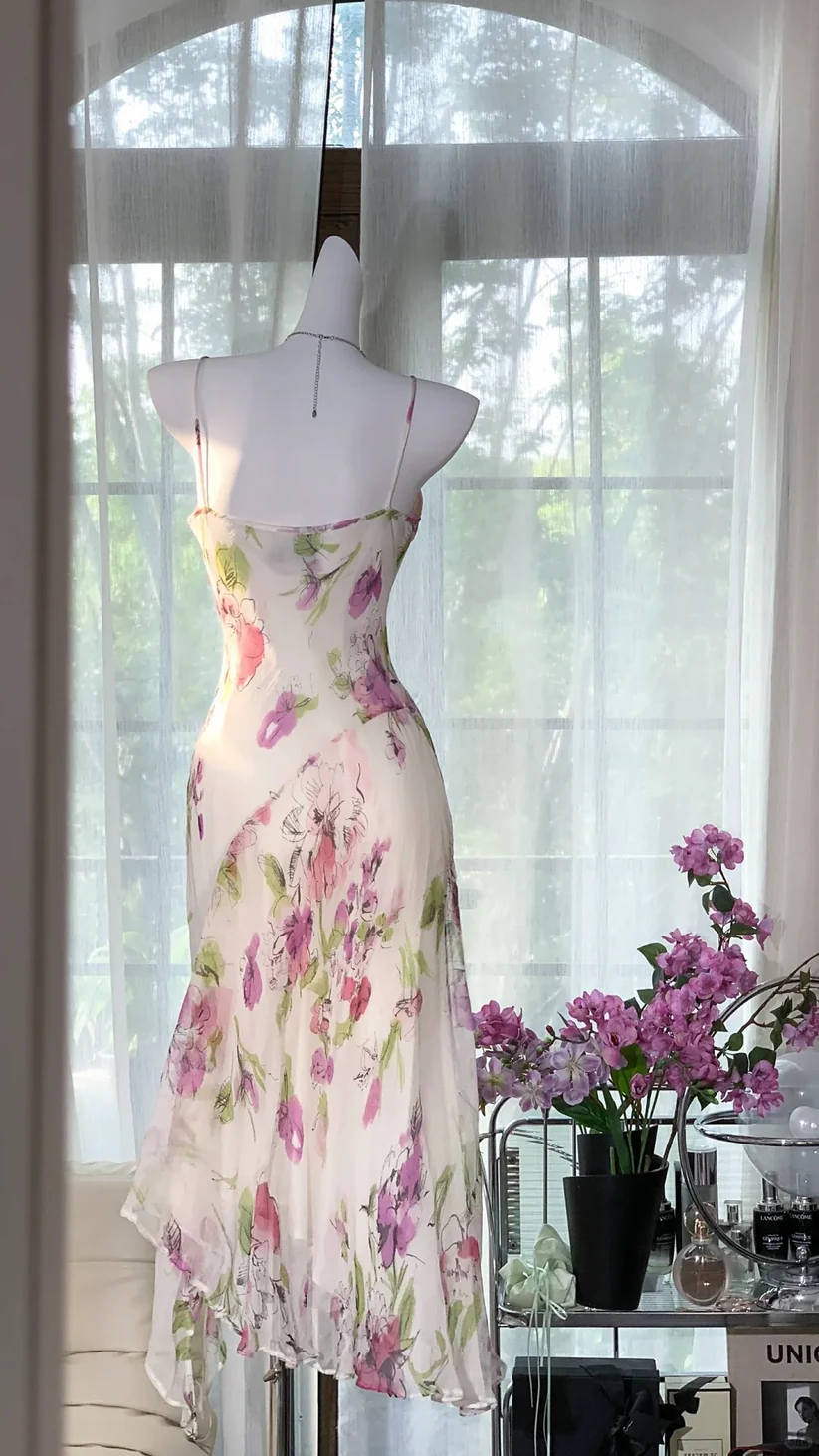 Pink Print Floral Mermaid Chiffon Date Dress Evening Dress Wedding Guest Dress HZ1023