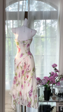 Pink Print Floral Mermaid Chiffon Date Dress Evening Dress Wedding Guest Dress HZ1023