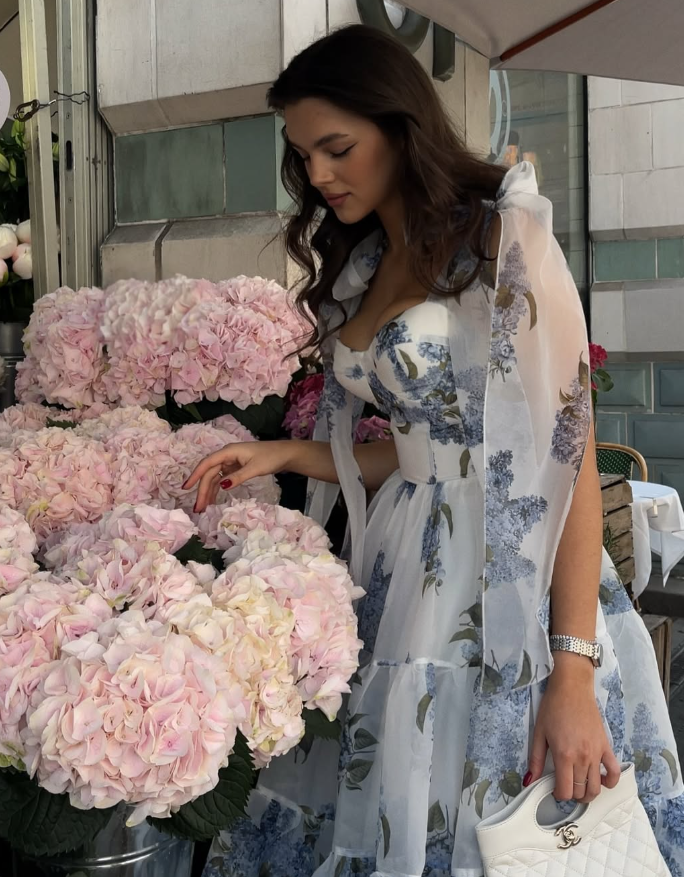 Blue Print Floral A Line Spaghetti Strap Tea Length Chiffon Homecoming Dress Cocktail Dress Outfits HZ1023