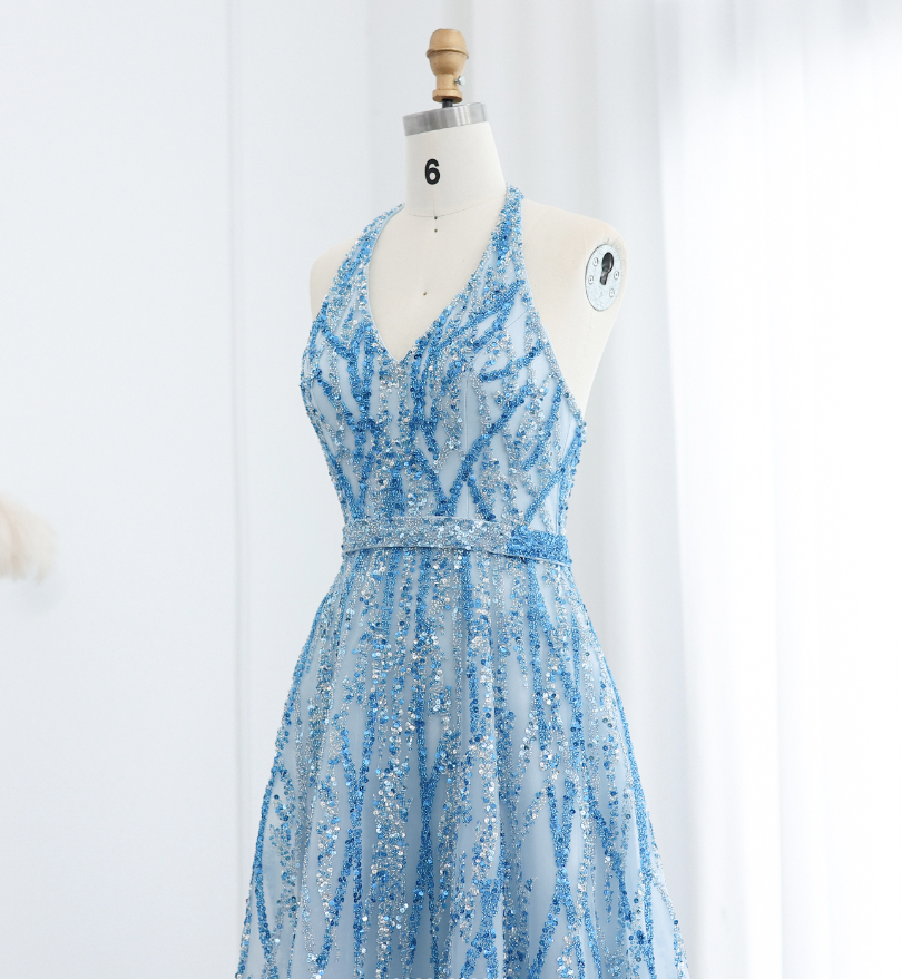 Blue A Line V Neck Sequin Beaded Tulle Long Prom Dress Evening Dress HZ1023