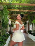 Simple Light Apricot A Line Off the Shoulder Satin Short Outfit Party Dress Vacation Dress HZ1023