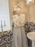 White Bow A Line Strapless Beaded Lace Satin Short Homecoming Dress Birthday Dress HZ1023