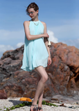 Blue A Line Halter Pleated Chiffon Short Homecoming Dress Vacation Dress Outfits HZ1023