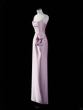 Simple Pink Sheath Spaghetti Strap Flower Satin Party Dress Evening Dress HZ1023