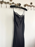 Simple A Line Spaghetti Strap Lace Satin Party Dress Wedding Guest Dress with Slit HZ1023