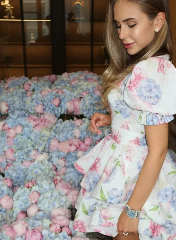 Blue Pink Print Floral A Line Puff V Neck Chiffon Short Homecoming Dress Outfits HZ1023