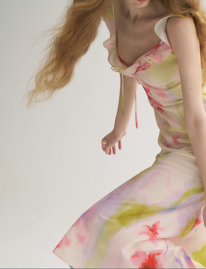 Dreamy A Line V Neck Print Floral Chiffon Summer Dress Party Dress Outfits HZ1023