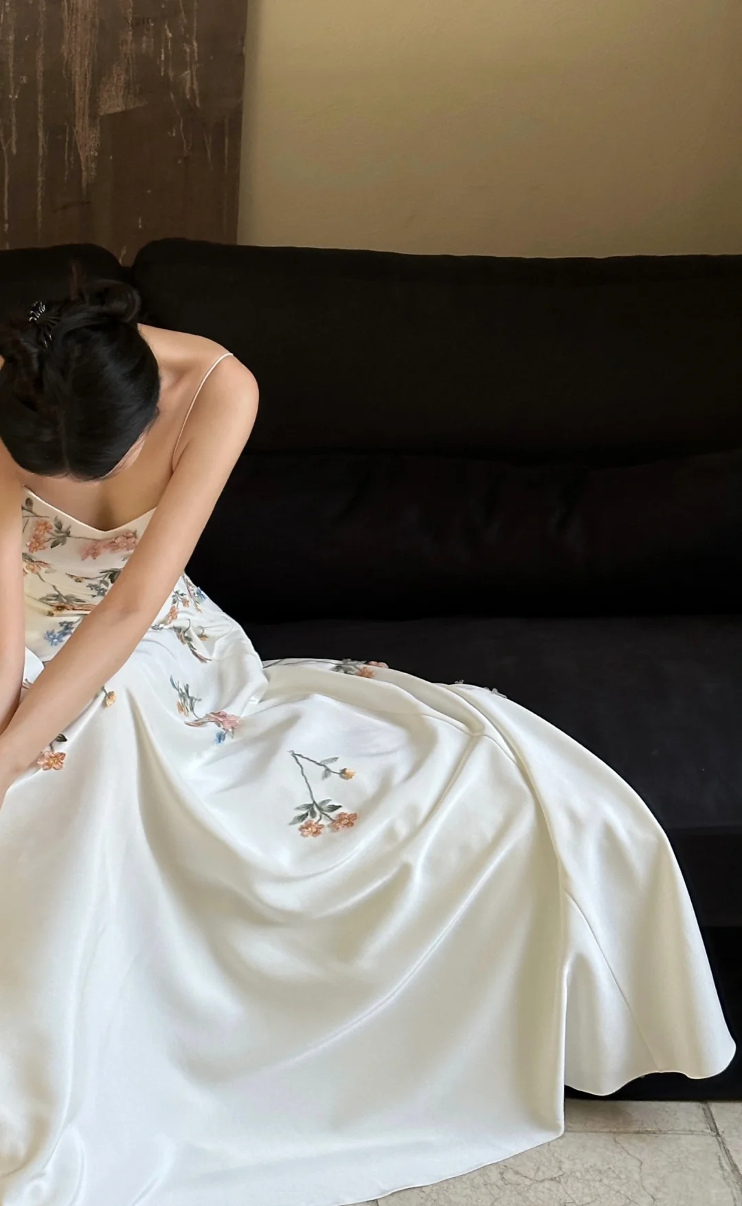 Elegant Floral A Line Spaghetti Strap White Satin Long Prom Dress Formal Dress 16th Birthday Dress HZ1023