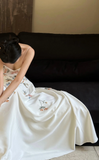 Elegant Floral A Line Spaghetti Strap White Satin Long Prom Dress Formal Dress 16th Birthday Dress HZ1023