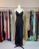 Vintage Sheath Spaghetti Strap Lace Champagne Satin Party Dress Evening Dress with Slit HZ1023