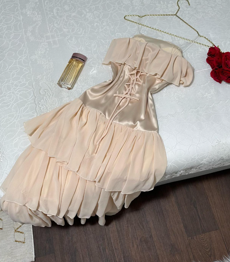 Cute A Line Strapless Tiered Beige Chiffon Satin Short Evening Dress Homecoming Dress HZ1023