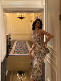 Lilac Sheath Halter Print Floral Chiffon Open Back Prom Dress Evening Dress HZ1023