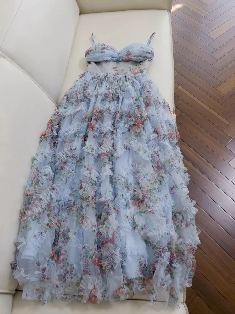 Unique Spaghetti Straps Tulle Floral Prom Dresse Tulle Evening Dress HZ1023