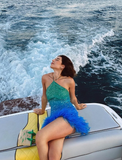 Sexy Sheath Halter Feather Sequin Backless Short Homecoming Dress Evening Dress HZ1023
