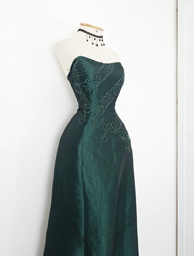 Vintage A Line Sweetheart Neck Green Beaded Satin Long Evening Dress Party Dress HZ1023