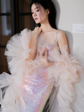 Shiny Pink Sheath Straps Rhinestone Sequin Prom Dress Evening Dress Party Dress HZ1023