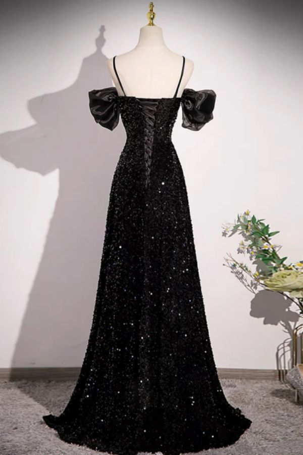 Black Off Shoulder Sequin Long Prom Dress Evening Dress With Bow Knot HZ1023