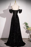 Black Off Shoulder Sequin Long Prom Dress Evening Dress With Bow Knot HZ1023