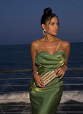 Stunning Green Sheath Spaghetti Strap Satin Long Prom Dress Party Dress HZ1023