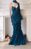 Peacock Blue Vintage Mermaid Spaghetti Strap Beaded Layered Chiffon Party Dress Prom Dress HZ1023
