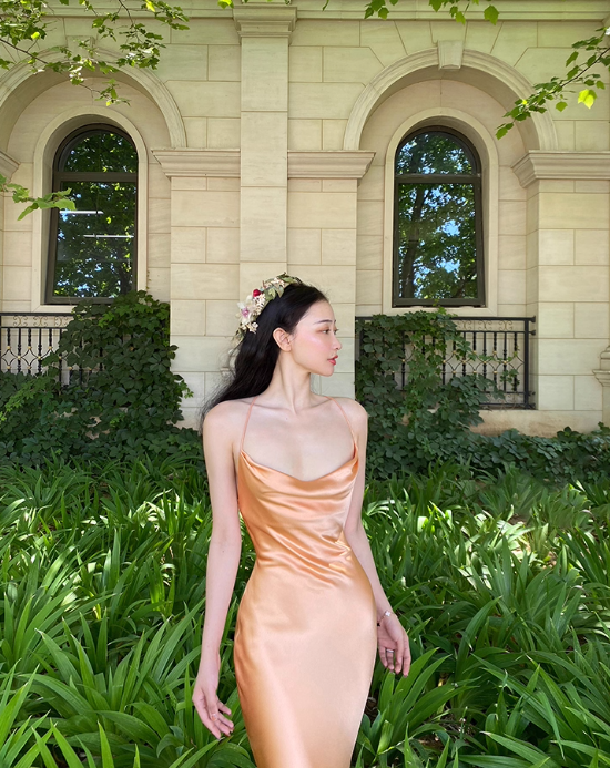 Simple Orange Sheath Spaghetti Strap Satin Open Back Prom Dress Party Dress HZ1023