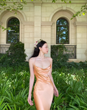 Simple Orange Sheath Spaghetti Strap Satin Open Back Prom Dress Party Dress HZ1023