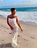 White Sheath Strapless Exquisite Lace Party Dress Evening Dress Prom Dress HZ1023