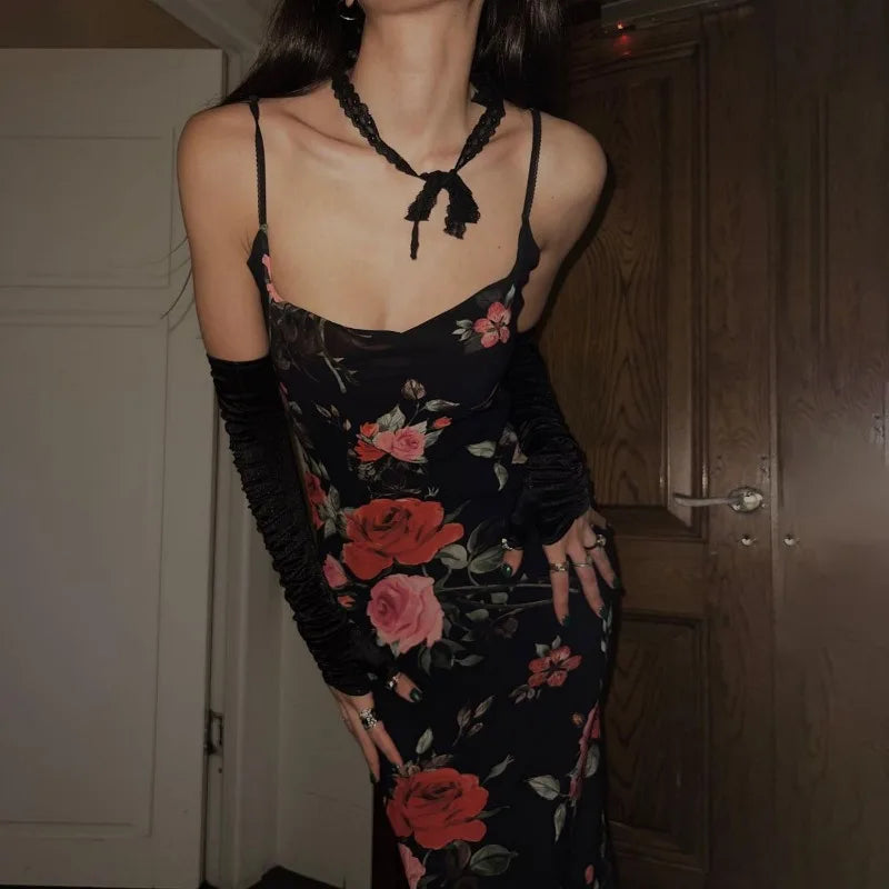 Sexy Sheath Spaghetti Straps Print Floral Chiffon Long Evening Dress Outfits HZ1023