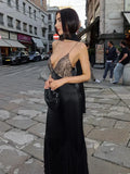 Black Mermaid Spaghetti Straps Lace Satin Long Prom Dress Evening Dress HZ1023