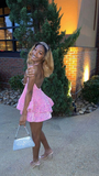 Sexy V-Neck Halter Pink Short Homecoming Dress Sequins Party Dress HZ1023