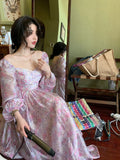 Pretty A Line Long Sleeve Print Floral Chiffon Long Prom Dress Evening Dress HZ1023