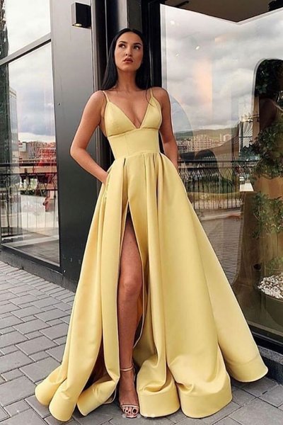Yellow v neck satin long prom dress, yellow evening dress HZ1023
