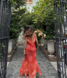 Vintage Mermaid Spaghetti Strap Beaded Ruffle Chiffon Prom Dress Evening Dress HZ1023