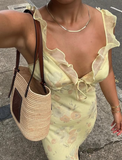 Light Yellow Sheath Straps Ruffle Print Floral Chiffon Evening Dress Outfits HZ1023