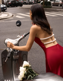 Sexy Burgundy A Line Halter Pearl Satin Open Back Prom Dress Party Dress Formal Dress HZ1023