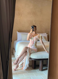 Light Pink Mermaid V Neck Print Floral Ruffle Chiffon Summer Dress Party Dress Outfits with Slit HZ1023