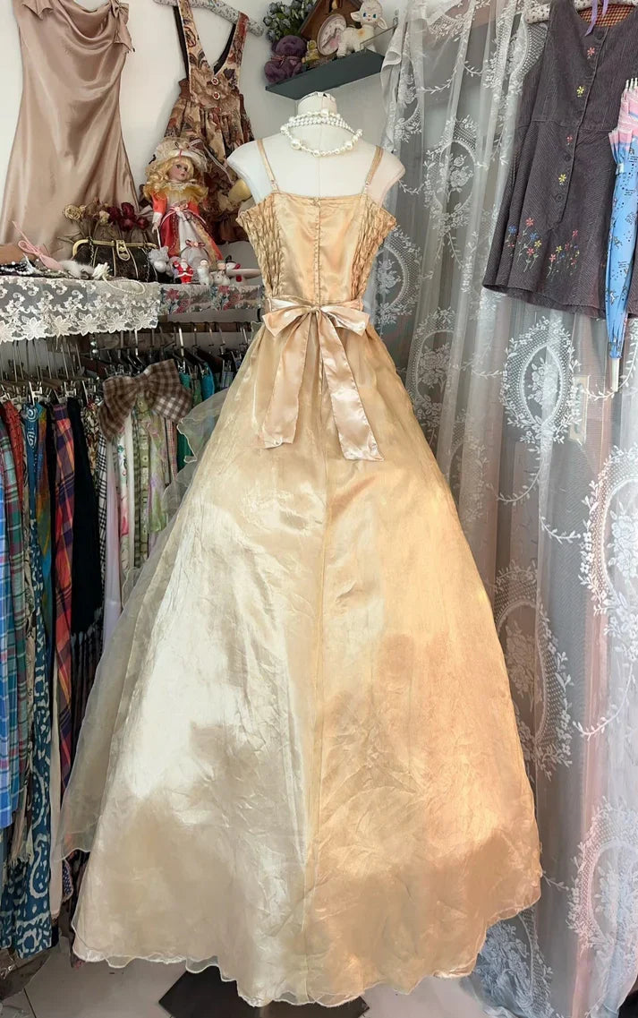 Princess A Line Spaghetti Strap Ruffle Golden Tulle Long Party Dress Evening Dress with Bow HZ1023
