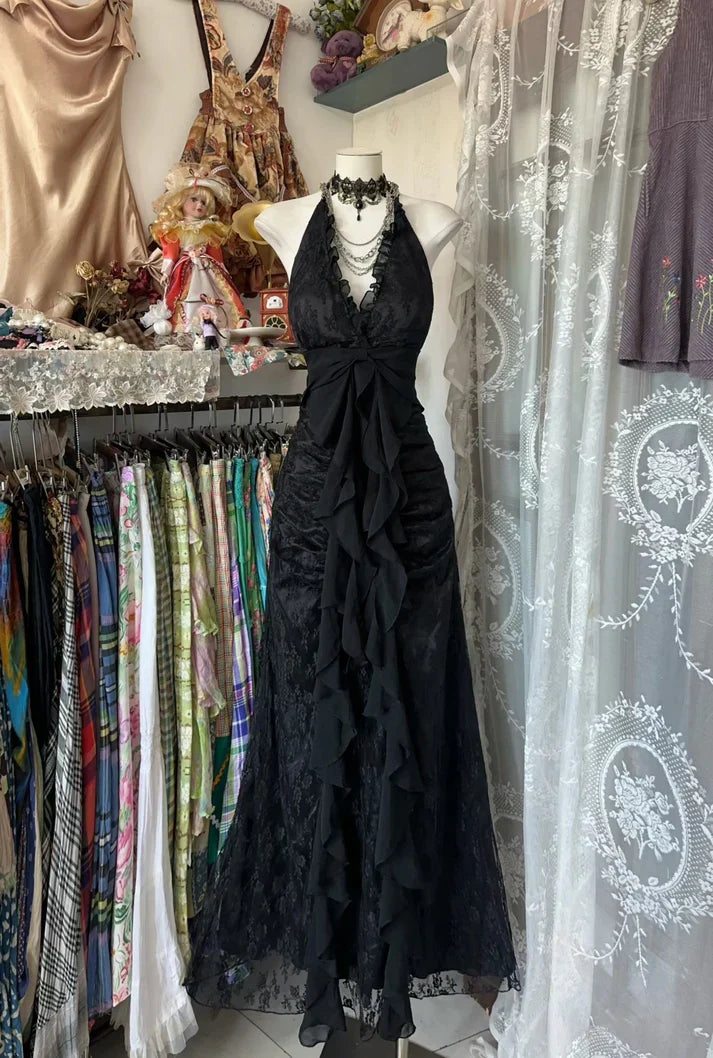 Vintage Mermaid Halter Sleeveless Long Black Lace Evening Dress Prom Dresses HZ1023