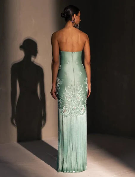Unique Sheath Strapless Embroidered Flower Sage Green Satin Party Dress Evening Dress HZ1023