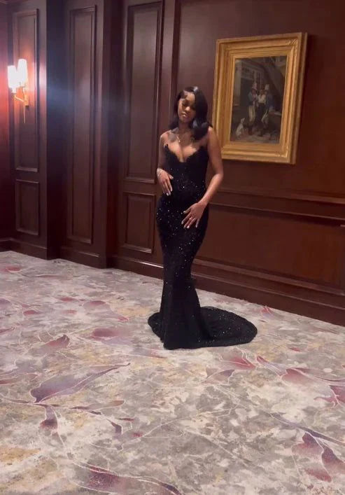 Sexy Mermaid Sweetheart Neck Sequin Slit Black Long Prom Dresses Party Dress HZ1023