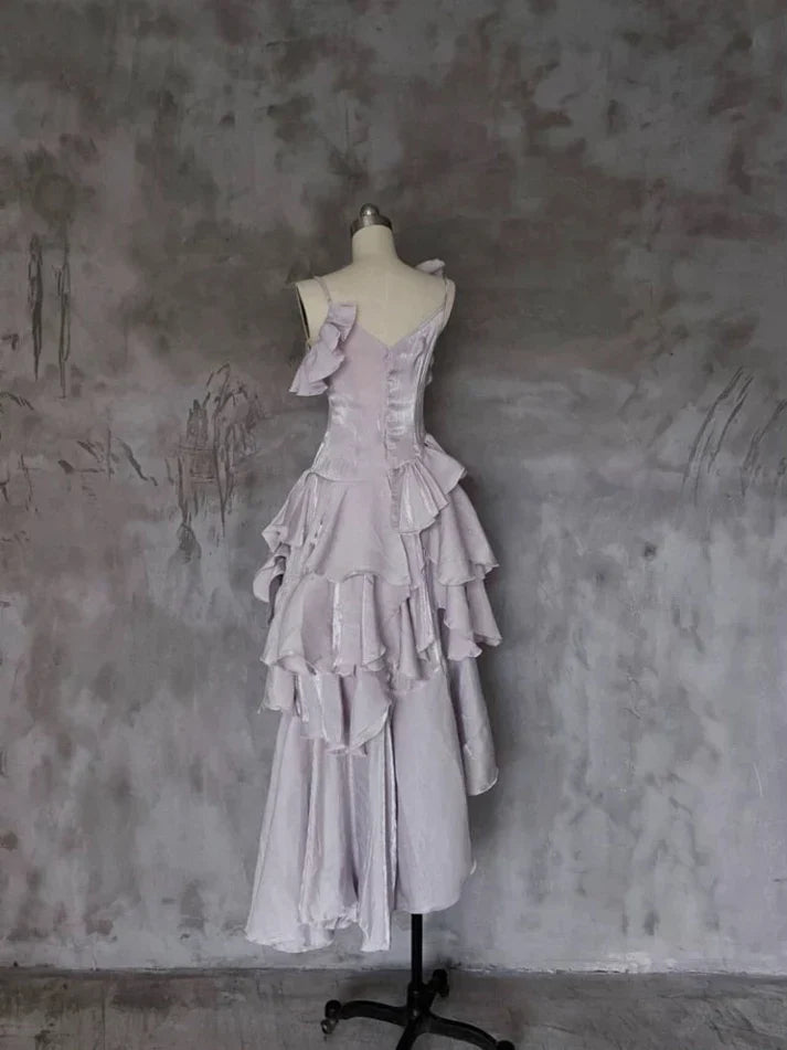 Pretty Irregular Ruffle Spaghetti Straps Light Purple Prom Dresses With Flower Long Birthday Dress HZ1023