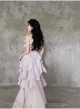 Pretty Irregular Ruffle Spaghetti Straps Light Purple Prom Dresses With Flower Long Birthday Dress HZ1023