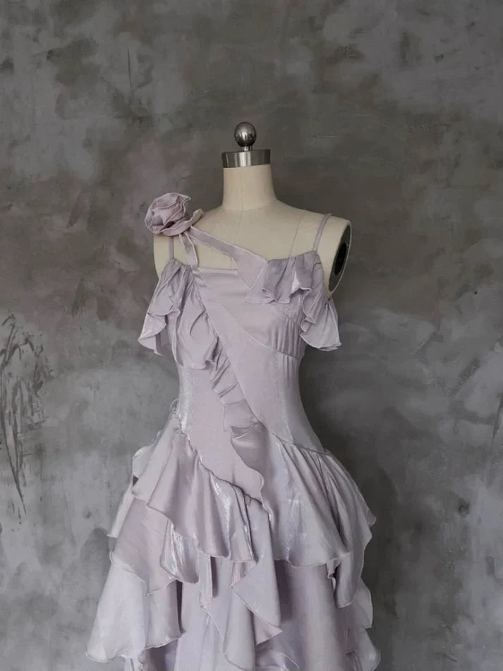 Pretty Irregular Ruffle Spaghetti Straps Light Purple Prom Dresses With Flower Long Birthday Dress HZ1023